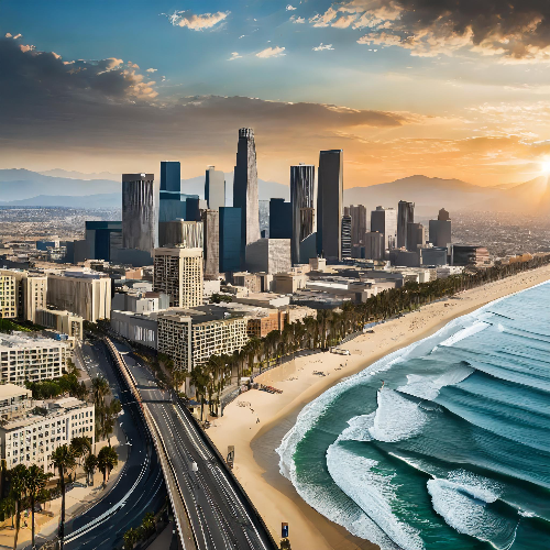 Firefly Expansive view of Los Angeles skyline with downtown buildings and beach.jpg